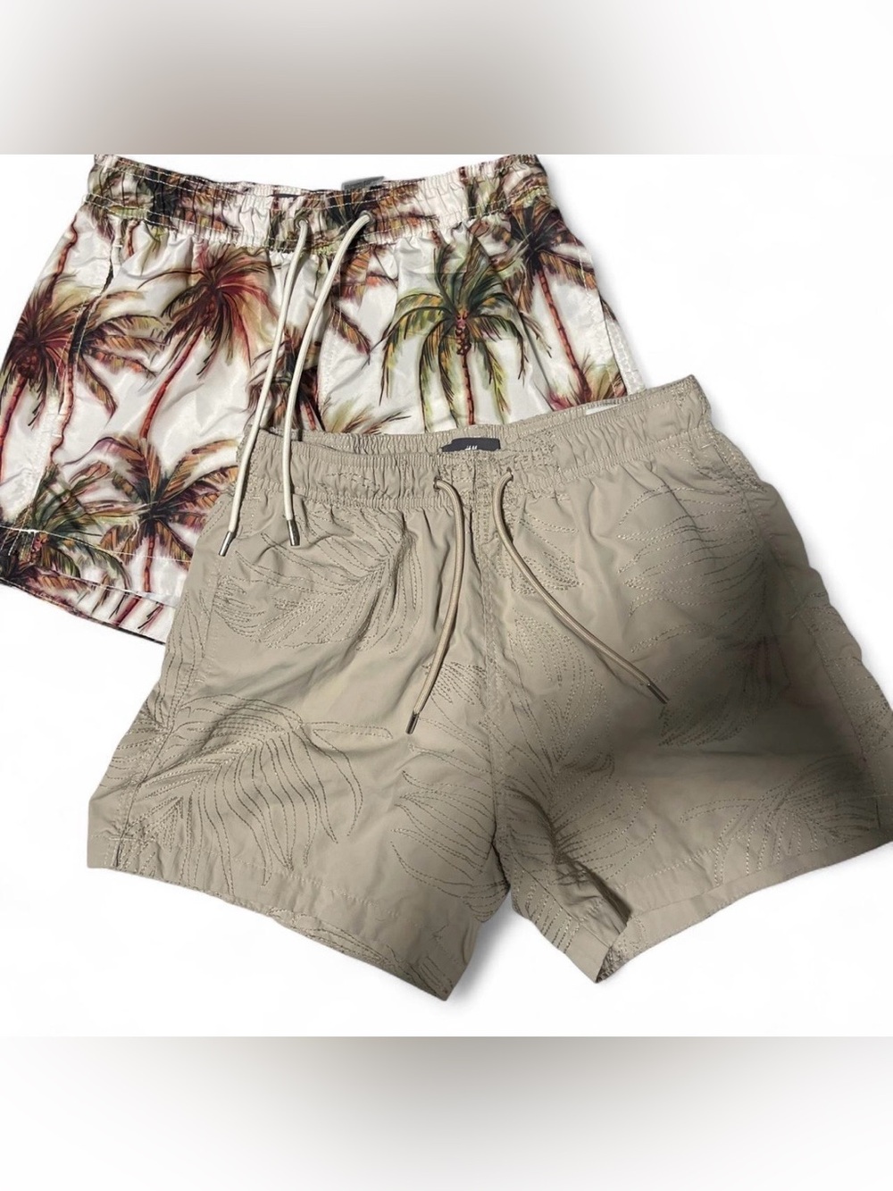 H&M Beige Men's Swim Shorts with Palm-Embossed Detail